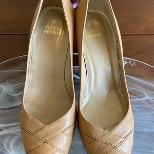 Light Beige Leather Stuart Weitzman open toe platform pumps